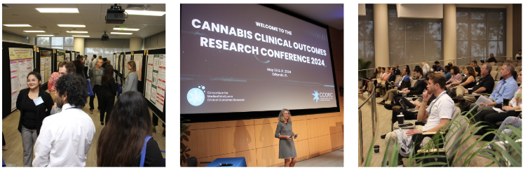 Three images of CCORC side by side, first of the poster session, second of a presentation, and third of an audience watching a presentation.